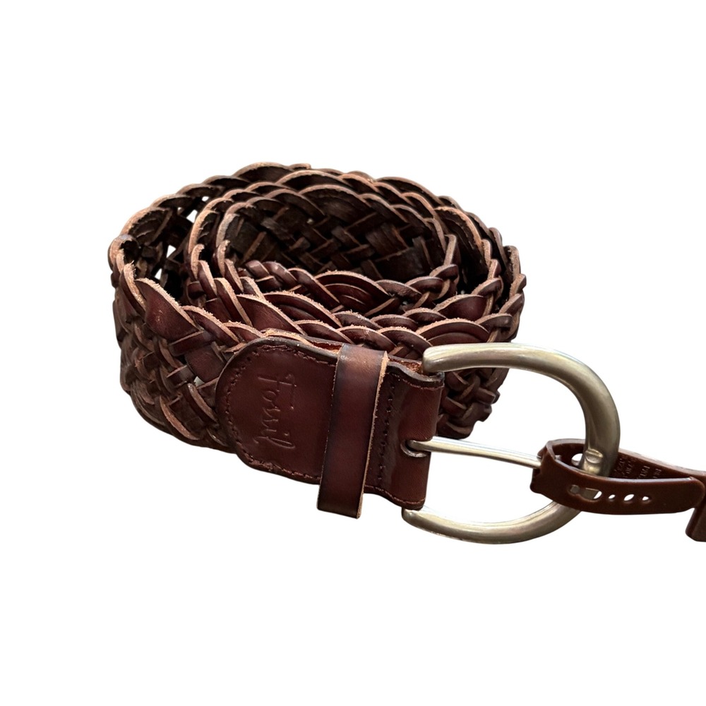 Fossil Huarache Weave Belt Women Medium Brown NEW Leather Boho Western